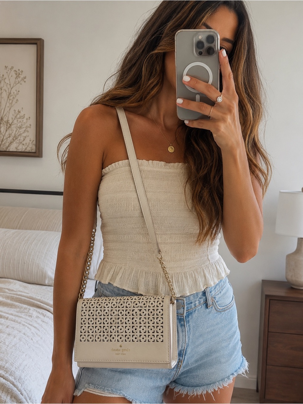NWOT kate spade Cream Laser-Cut Crossbody Bag with Gold Chain